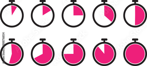 A simple timer icon featuring a circular design with a pink segment