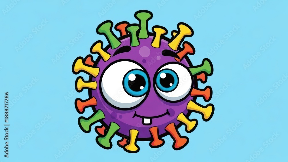 Naklejka premium Animated Cartoon Illustration of a Cheerful Virus Character with Blue Backdrop
