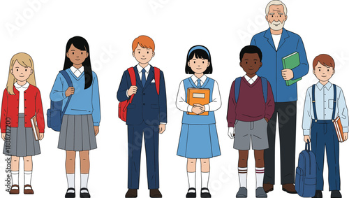 Flat vector illustration of students and teacher standing together, diverse school children in uniforms, education concept, isolated white background
