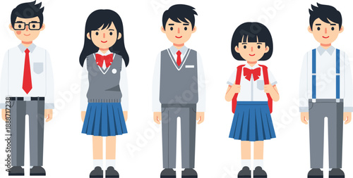 Flat vector illustration of students in school uniforms, cartoon boys and girls characters standing together, education concept, isolated white background