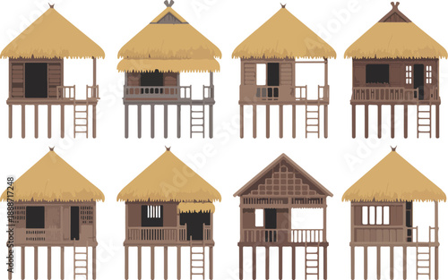 Traditional Tropical Stilt Houses Illustration Set Wooden Huts with Thatched Roofs