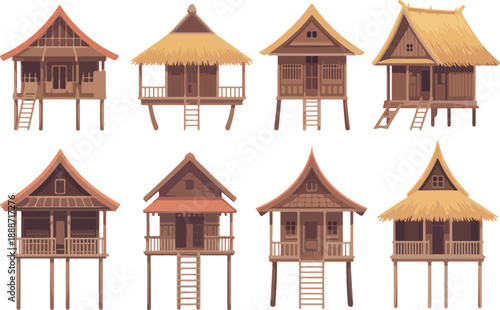 Traditional Tropical Stilt Houses Illustration Set Wooden Huts with Thatched Roofs