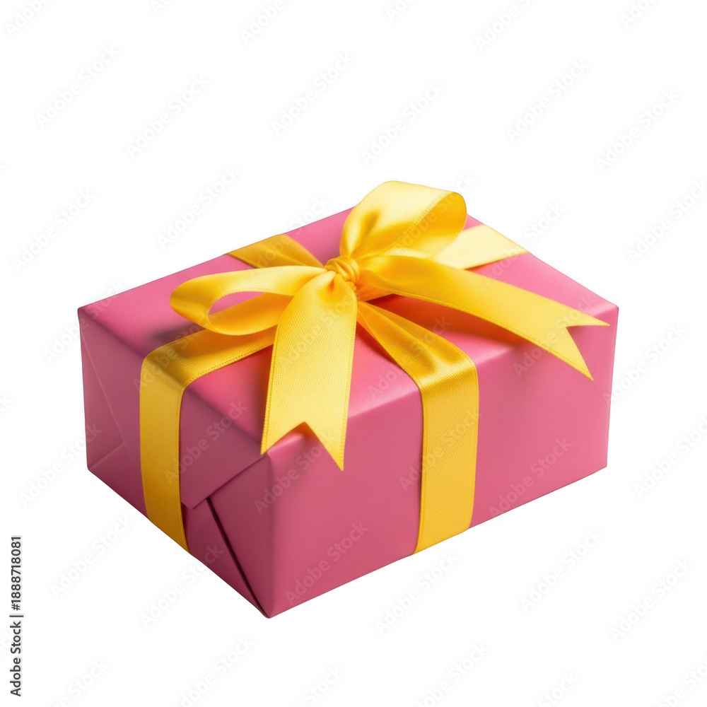Fototapeta premium A vibrant pink gift box adorned with a bright yellow ribbon and bow isolated on transparent background