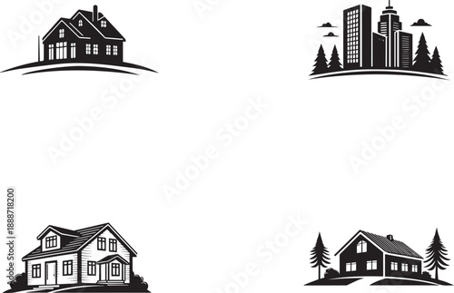 House Silhouette with Minimal Home Exterior Black Vector Illustration.