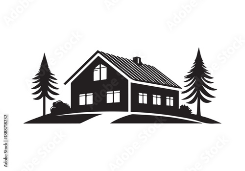 House Silhouette with Minimal Home Exterior Black Vector Illustration.