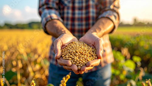 Farmer Holding Soybeans in Agricultural Field