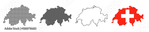 Switzerland map set with dotted solid outline and flag style vector illustration