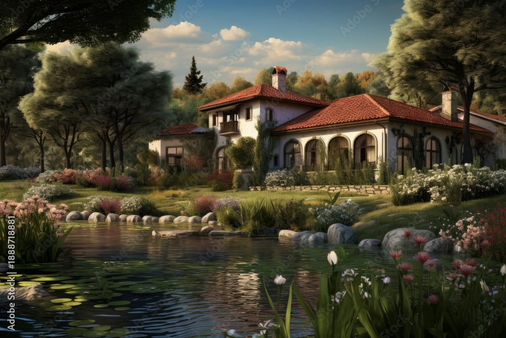 Obraz premium Beautiful villa with a red tiled roof, surrounded by a vibrant garden and a peaceful pond, creating a serene and luxurious atmosphere