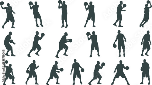 Silhouettes of basketball players in dynamic poses performing dribbling, shooting, and passing actions for sports illustration, motion study, and athletic design reference