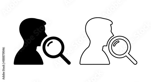 Search user icon set. Magnifying glass and profile symbol collection. Recruitment and finding people bundle. Vector illustration isolated on white background.