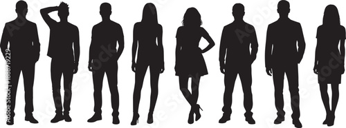Silhouettes of diverse individuals in varied standing poses and attire for group representation, fashion reference, and visual character design