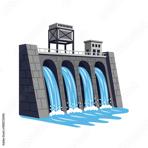 A cartoon illustration of a large concrete dam with water flowing through multiple spillways, generating hydroelectric power.