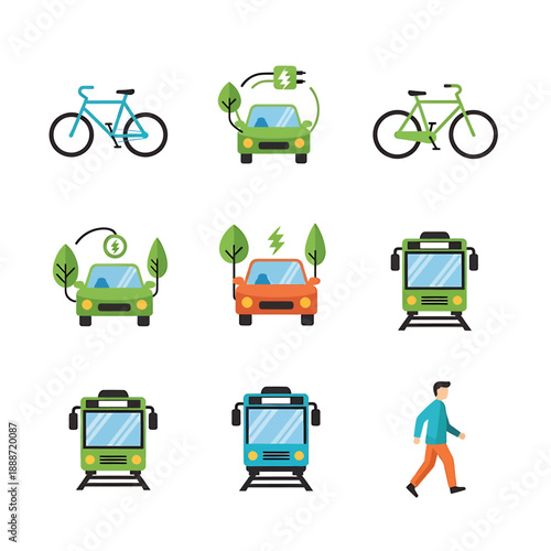 Collection of flat design icons illustrating various eco-friendly and public transport options.
