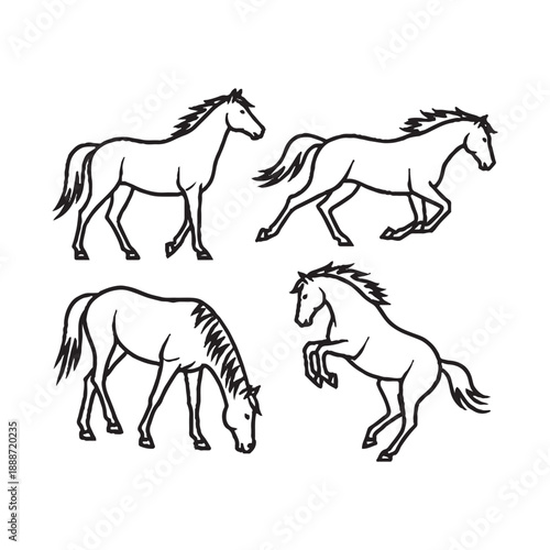  Four horses in different poses running grazing and rearing on white background black outline