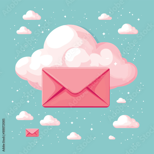 Whimsical Pink Cloud Sending Happy Letters , vector style simple color
