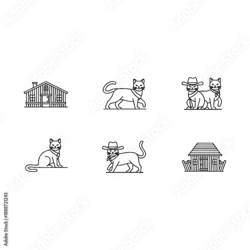  Cats in cowboy hats on farm with barn and fence line