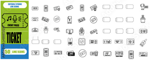 TICKET OUTLINE ICON SET. EDITABLE STROKE. VECTOR ILLUSTRATION, 