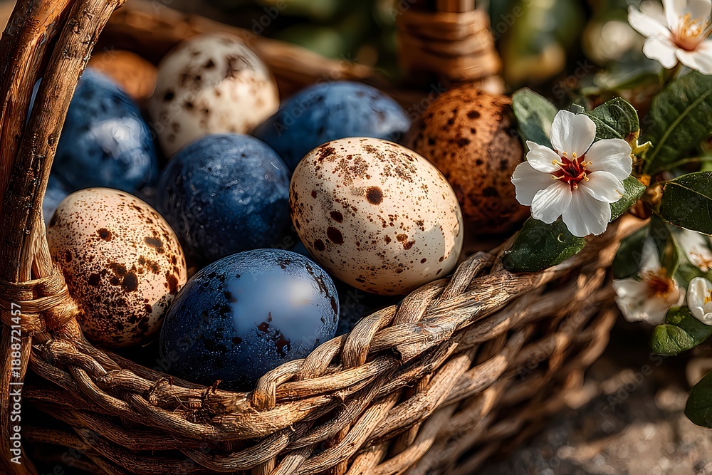Obraz premium Beautiful Blue and Speckled Easter Eggs in Woven Basket Close Up