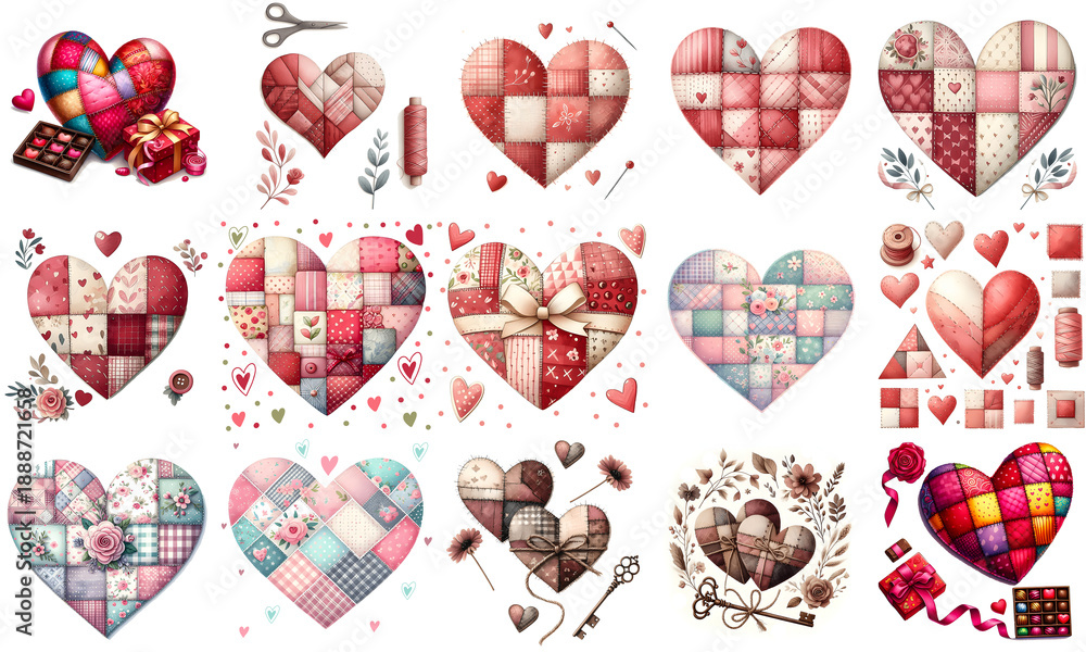 Fototapeta premium Patchwork Heart Valentine Day Clipart Collection