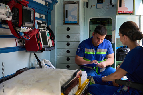Male paramedics taking notes after patient care
