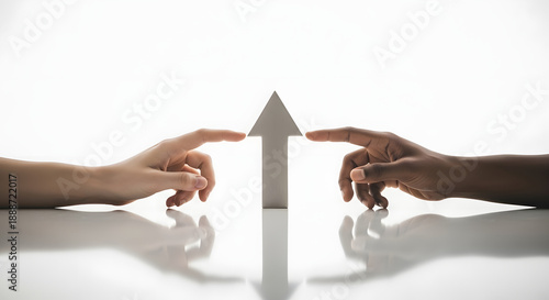 Diverse Hands Pointing to Upward Arrow Symbolizing Shared Progress and Business Growth