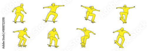 Architectural Drawings People riding skateboards, varied riding poses vector illustration, Top view, human person Minimal style hand drawn