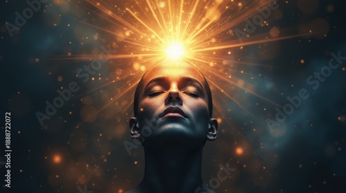 A mystical visual background designed for meditation, focusing on the concept of awakening the third eye. Radiant energy emanates from the forehead area, symbolizing inner vision, higher consciousness