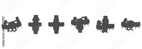 Architectural Drawings People sitting at cafe tables silhouette, drinking coffee eating chatting and working on laptops vector illustration, Top view, human person Minimal style hand drawn