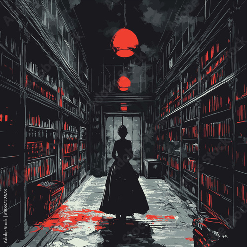 Surreal Character in an Abandoned Library Setting , vector style simple color