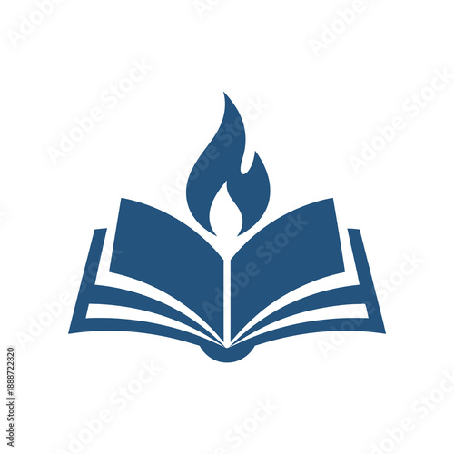 Open book icon. Education logo symbol with flame. Knowledge and learning sign. Vector illustration isolated on white background.