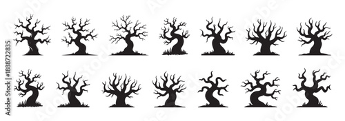 Set of isolated spooky trees silhouettes on transparent background. Collection of bare trees. Leafless trees. Scary Halloween decoration set. Dead trees silhouettes. Doodle flat vecor illustration.