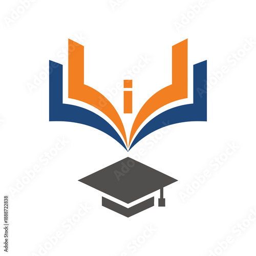 Education logo icon. Open book and graduation cap symbol. Academic university design. Vector illustration isolated on white background.