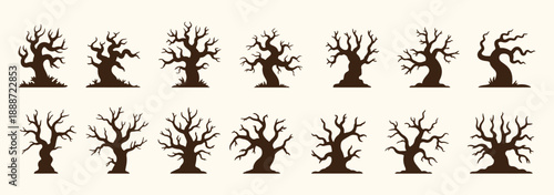 Set of isolated spooky trees silhouettes on transparent background. Collection of bare trees. Leafless trees. Scary Halloween decoration set. Dead trees silhouettes. Doodle flat vecor illustration.