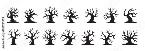 Collection of eerie twisted bare haunted trees silhouettes black and white vector illustration spooky dead branches flat minimalist style design Halloween theme