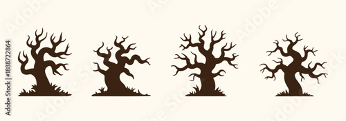 Collection of eerie twisted bare haunted trees silhouettes black and white vector illustration spooky dead branches flat minimalist style design Halloween theme