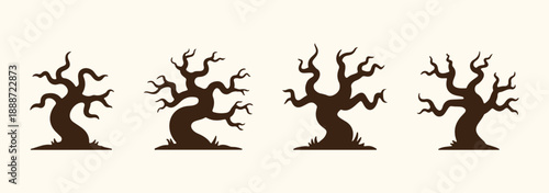 Collection of eerie twisted bare haunted trees silhouettes black and white vector illustration spooky dead branches flat minimalist style design Halloween theme