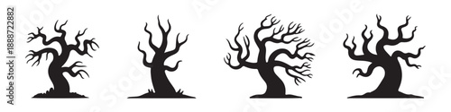 Collection of eerie twisted bare haunted trees silhouettes black and white vector illustration spooky dead branches flat minimalist style design Halloween theme