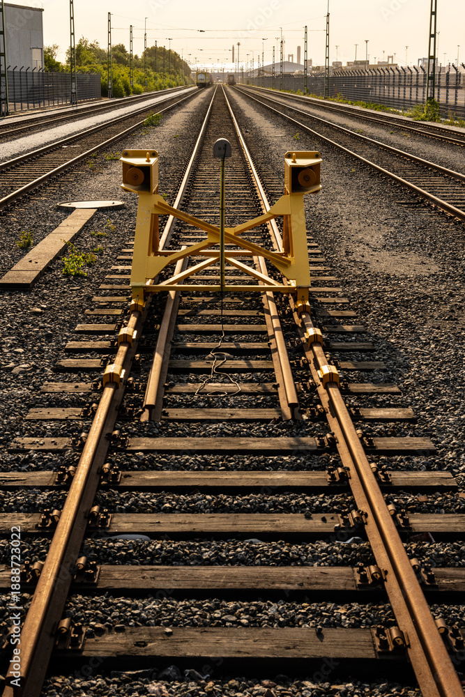Fototapeta premium Close view of railway buffer stop on train tracks.