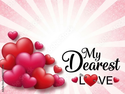 Valentines day card with hearts and dearest love text on pink background