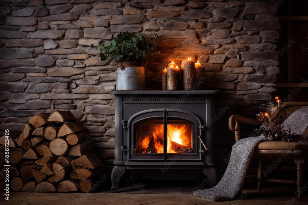 Fototapeta premium Wood burning stove glowing with fire, creating a cozy and warm atmosphere in a rustic room