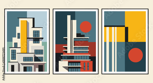 Abstract architectural vector illustration art collection showcasing modern building facades in vibrant geometric designs