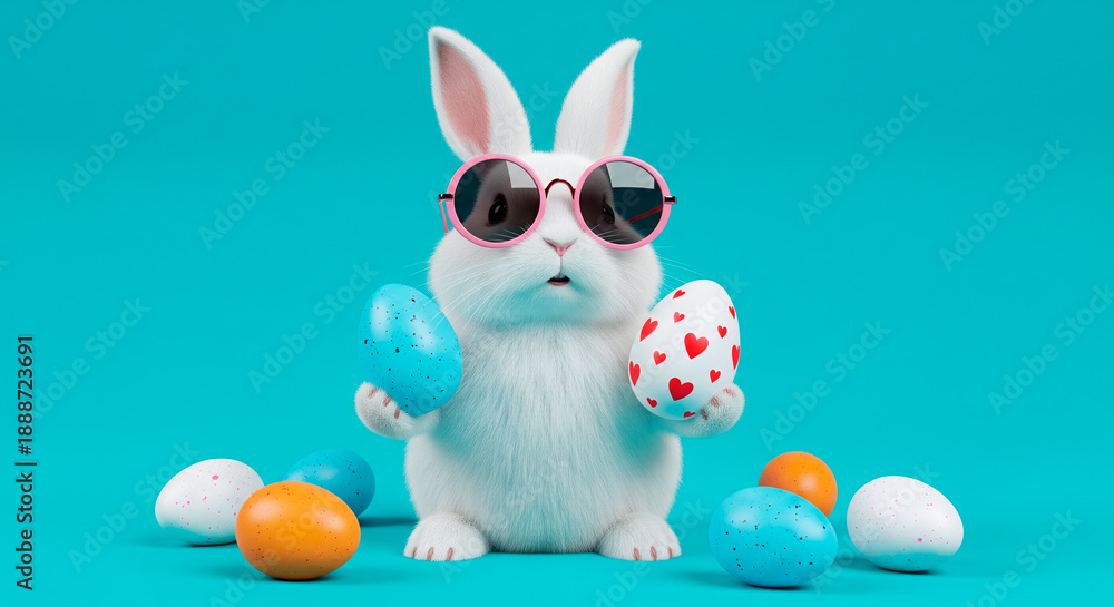 Fototapeta premium Cute white Easter bunny wearing pink sunglasses holding decorated eggs on a teal background