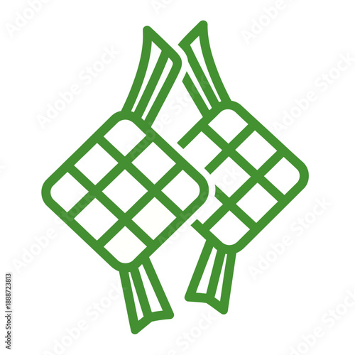 Green line art illustration of two ketupat rice dumplings, traditional symbol for Indonesian Idul Fitri.