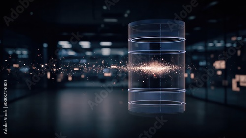 Futuristic abstract glass cylinder reactor with glowing particle cloud energy. Quantum computing core, nuclear fusion technology, and big data storage concept