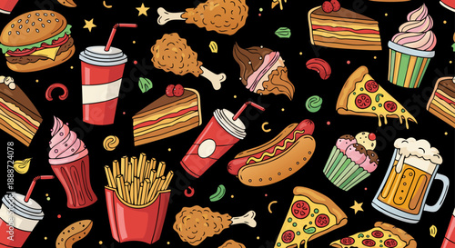 Seamless vector illustration of a variety of fast food and sweet treats on a black background