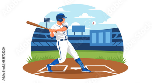 Baseball Player Swinging Bat at Ball in Stadium Vector Illustration for Sports and Game Enthusiasts