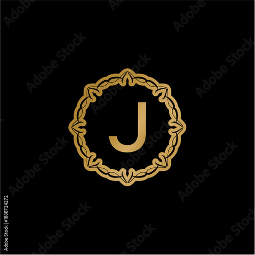 Elegant Golden Letter J Monogram Inside Ornate Circular Frame on Black Background