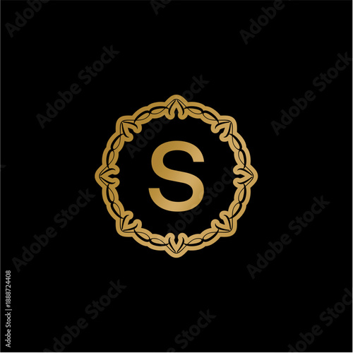Golden initial S monogram within an ornate, classic frame, an elegant vector graphic design perfect for luxurious branding and personalized emblems
