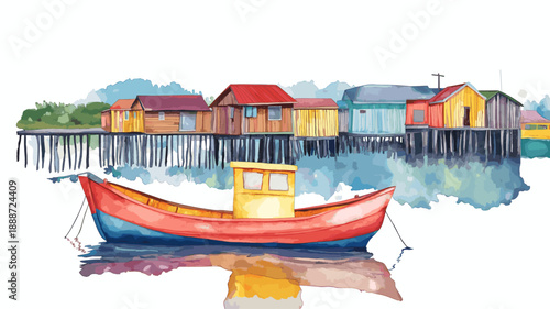 Chiloe Island. Chiloe Island hand drawn watercolor illustration