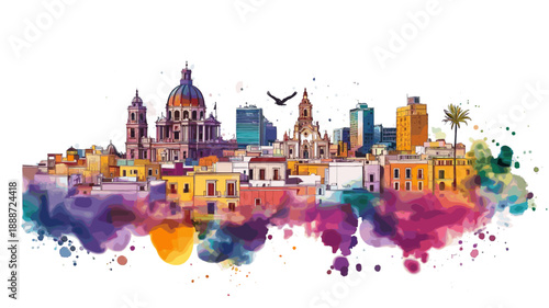 Mexico City. Mexico City hand drawn watercolor illustration